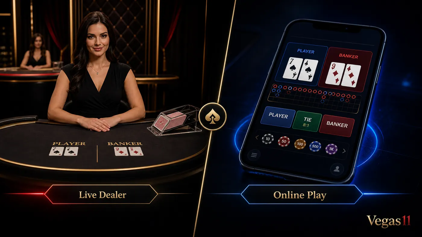 Live dealer baccarat and online baccarat comparison on Vegas11