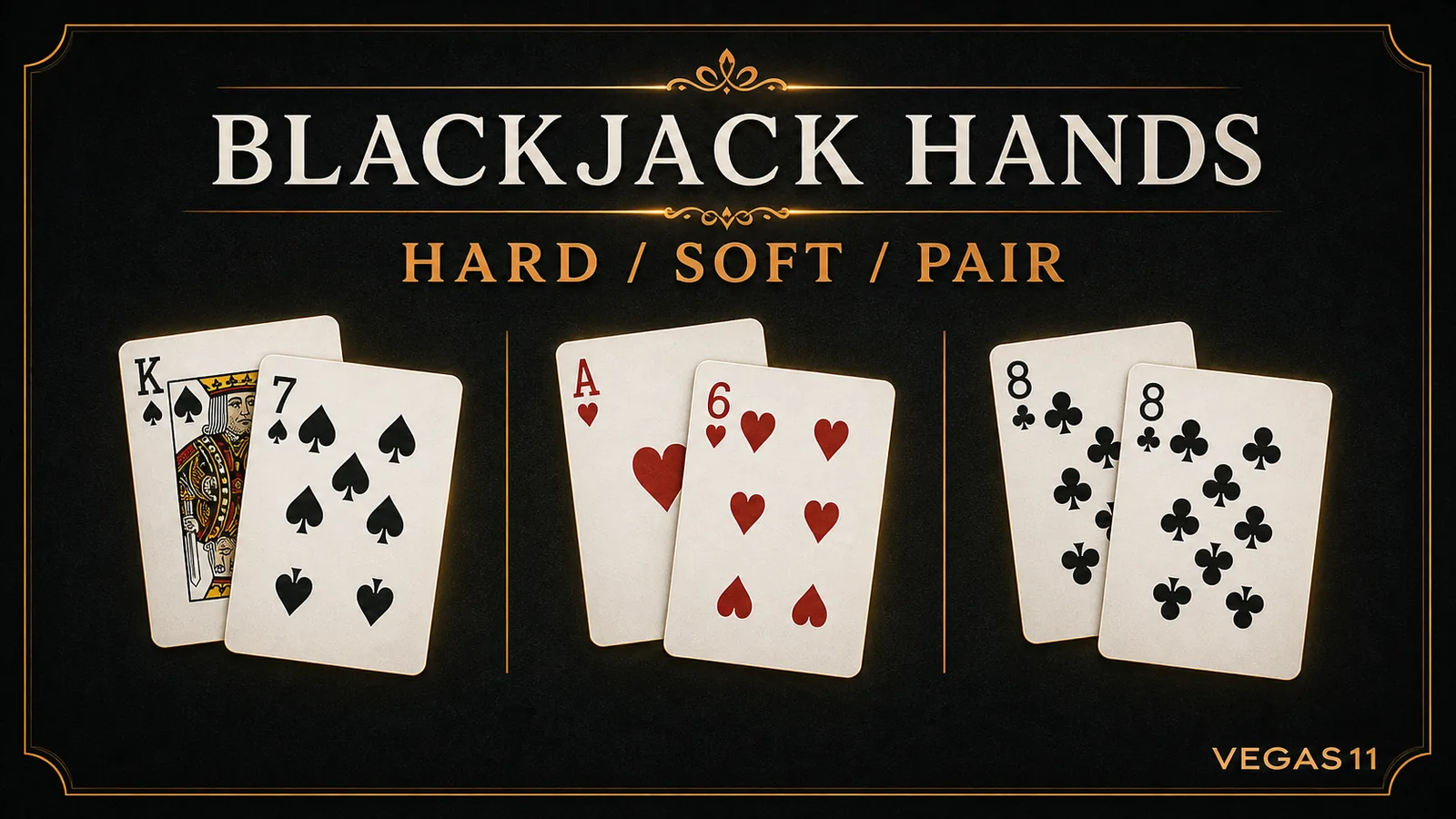 Educational blackjack hand-values graphic for hard, soft and pair hands