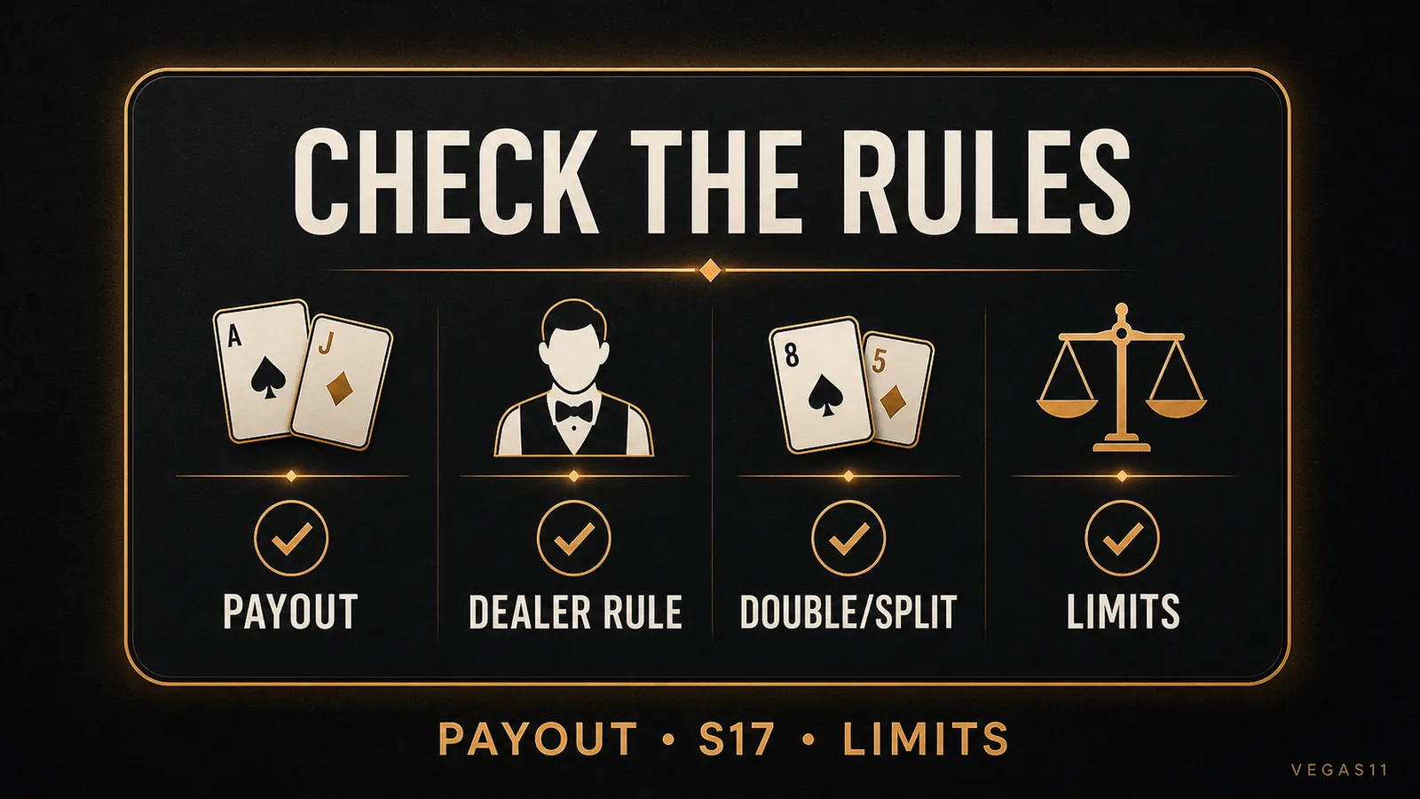 Blackjack table rule checklist showing payout dealer rule and limits