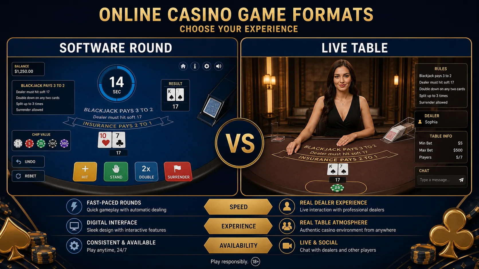 Online vs Live Casino Games: Rules, Pace and Information Display educational diagram